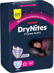 Super absorpční noční pleny Huggies DryNites pro dívky 4-7 let, 4 x 16 kalhotkových plen (počet 64), měsíční balení