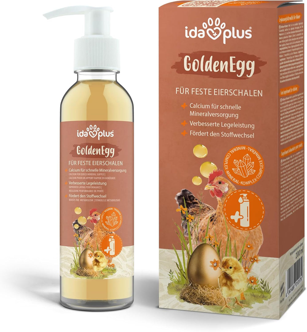 Ida Plus - GoldenEgg 200 ml - redukované Brucheier & Federfressen - podporováno Federwachstum & Federkleid - Wichtige Mineralien & Vitamine für Hühner - Beste Eierqualität bei Ihrer Hühnerhaltung