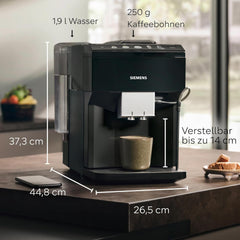 Espressor automat Siemens EQ500 classic, ecran TFT color, 5 tipuri de cafea și lapte, funcție dublă de preparare a ceștilor, curățare ușoară, unitate de preparare detașabilă, cu furtun de lapte, negru, TP511E19