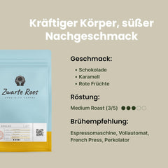 – Spezialitätenkaffee (ganze Bohnen) 250 g & 1 kg – 100% Arabica, mittlere Röstung – Aromen von roten Beeren, Karamell und Steinobst – Für Espresso, Cappuccino und Filterkaffee