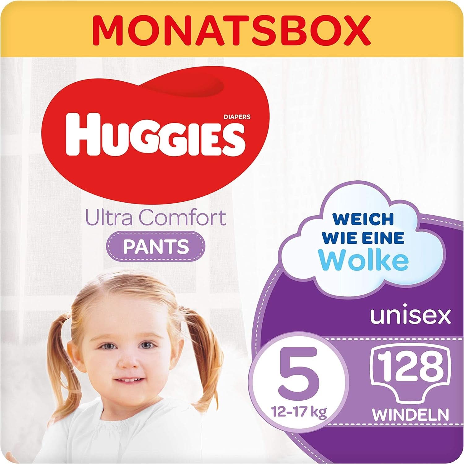 Huggies Ultra Comfort Pants, mărimea 5, 12 - 17 kg, Pentru copii activi, Cu indicator de umezeală și tehnologie cloud waistband, 128 scutece Mama si Copilul Naty Shop