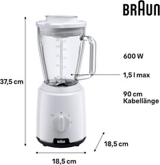 Braun Powerblend 1 JB1050WH - Stojanový mixér s 1,5 l Glas-Mixaufsatz, Küchenhelfer Zum Zerkleinern, Pürieren & Mixen, Ice-Crush-Funktion, 2 Geschwindigkeiten, 600 Watt, Weiß Kitchen Naty Shop