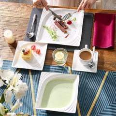 MALACASA, Seria Monica, Set de veselă pentru 12 persoane, Porțelan alb-crem, Serviciu combinat cu 12 cești de cafea, 12 farfurioare, 12 farfurii de desert, 12 farfurii de sumă și 12 farfurii de cină