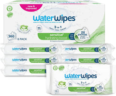 WaterWipes Sensitive+ Hydrating Boost vlhčené ubrousky, hydratační ubrousky, 360 kusů (6 balení), 3v1 čistí, pečují, hydratují, 99% voda z Aloe Vera, neparfémované dětské ubrousky