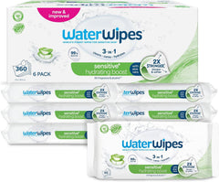 WaterWipes Sensitive+ Hydrating Boost vlhčené ubrousky, hydratační ubrousky, 360 kusů (6 balení), 3v1 čistí, pečují, hydratují, 99% voda z Aloe Vera, neparfémované dětské ubrousky