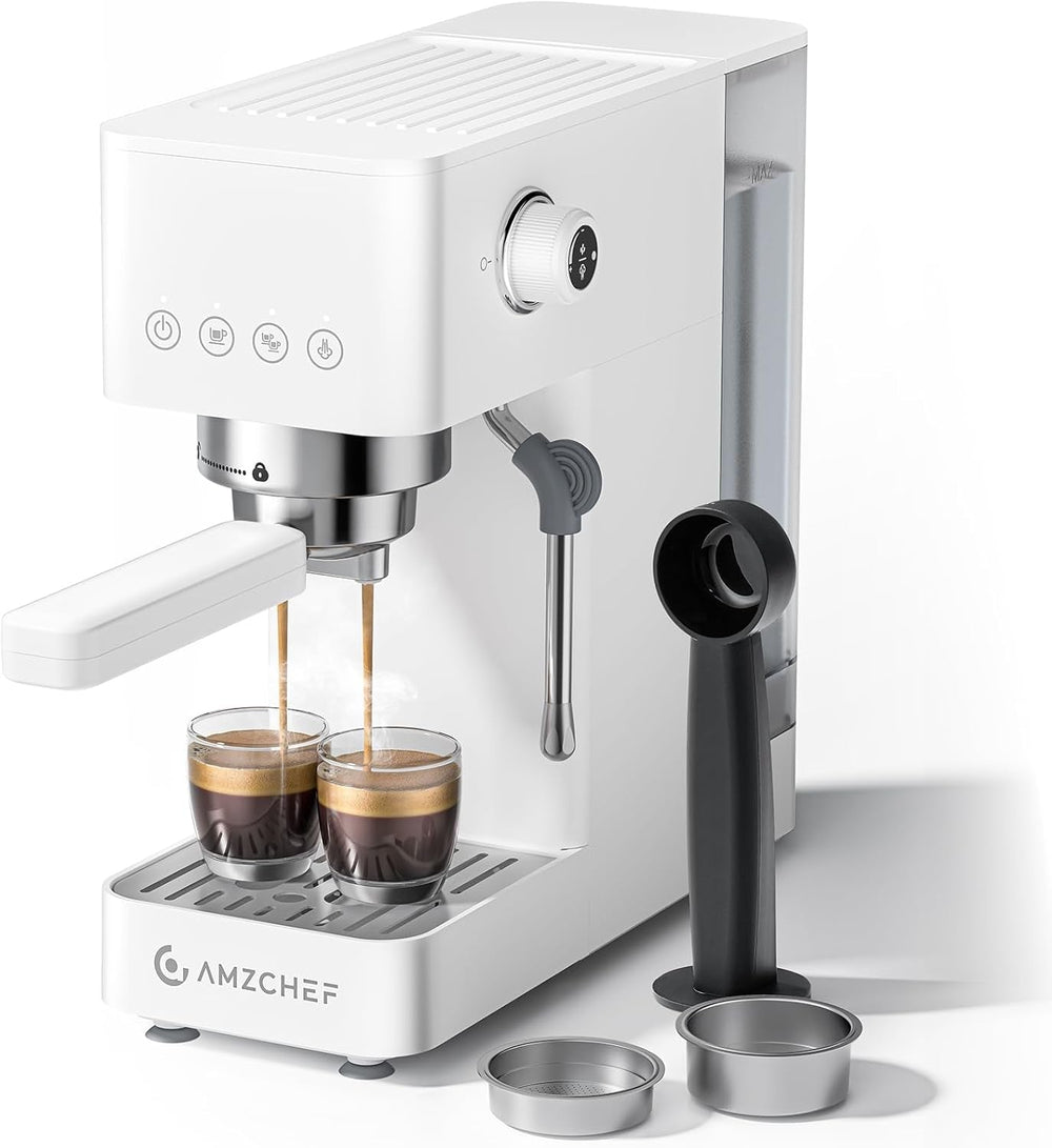 Espressor AMZCHEF cu 20 de bari, afișaj LED, spumator de lapte profesional și lance de abur din oțel inoxidabil, rezervor detașabil de 1,5 l, încălzire rapidă de 1350 W, alb