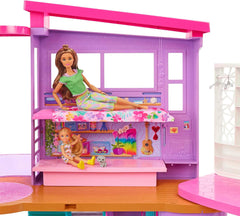 Casă de vacanță Barbie (116 x 77,9 cm), 6 locuri de joacă, complet mobilată cu accesorii, mobilier și lift, pliabilă și depozitabilă, păpușă, cadou pentru copii cu vârsta de 3 ani și peste, HCD50