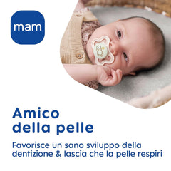 Suzetă MAM Air Night 6-16 luni (pachet de 2) Suzetă MAM 6-16 luni, strălucește în întuneric pentru pielea sensibilă, accesoriu pentru bebeluși pachet de 2 cu tetină din silicon și suport pentru suzetă, neutru/verde