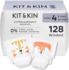 Plenky Kit & Kin Premium, velikost 4 (9–14 kg), počet 128, rostlinné a hypoalergenní, spolehlivá ochrana proti úniku, veganské a bez krutosti