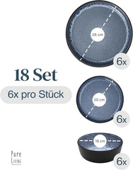 Set de veselă din gresie ceramică, format din 18 piese, pentru 6 persoane, design Ibiza, CÂȘTIGĂTOR AL TESTULUI. Un set de veselă mediteranean superb, din gresie ceramică, inclusiv boluri și farfurii. Set de veselă Pure Living în albastru fumuriu.