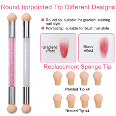 2 Stück Nail Art Rendering-Werkzeuge Doppelter Kopf, Sponge Brush Applikator Inkl 8 Ersatzköpfe, Nail Art Schwamm Und Tupfpinsel(Weiß, Rosa)