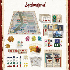 Kosmos 685447 On the Golden River, strategická hra pro znalce s taktickou hloubkou a plánováním předem, pro 2–4 hráče ve věku od 12 let, herní plán se zlatým reliéfem, chytrý mechanismus kostek