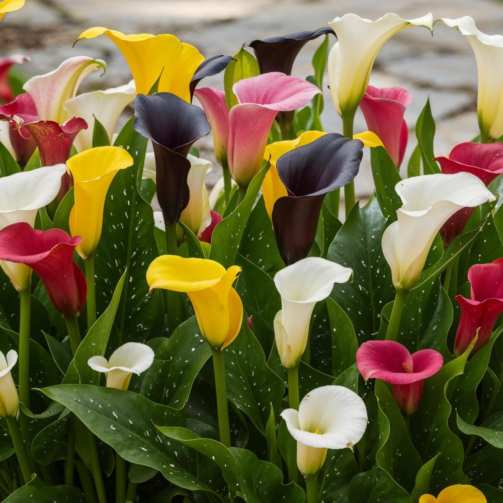 Calla Lilien Zwiebeln Winterhart Mehrjährig - Zantedeschia - 10 velkých Blumenzwiebeln, 5 Sorten Mix - Echte Pflanzen aus Holland - für Garten und Topf (große Knollen, kein Samen und nicht künstlich)