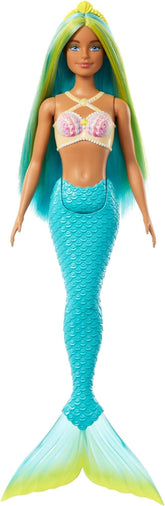 Barbie Meerjungfrau-Puppe mit fantasievollem zweifarbigem Haar in Blau und Gelb, Haarband, Puppe mit Muscheloberteil und türkisfarbener Schwanzflosse, HRR03