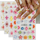 JMEOWIO 3D Nagelsticker Colorful Flower Nail Art Sticker Selbstklebend Nagelaufkleber 5D Stereoskopisch Spring Summer Floral Dekoration Nageldesign Zubehör 4 Blatt