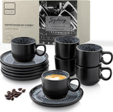 SÄNGER Sydney | Set de 12 căni de espresso din gresie, set de căni Mocha pentru 6 persoane, căni și farfurioare, potrivit pentru mașina de spălat vase și cuptorul cu microunde, gri închis, 80 ml | COLECȚIA VALUE