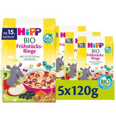 HiPP bio snídaňové kroužky (5 x 120g), müsli pro děti od 15 měsíců, slazené pouze ovocem a zeleninou, v nejlepší bio kvalitě