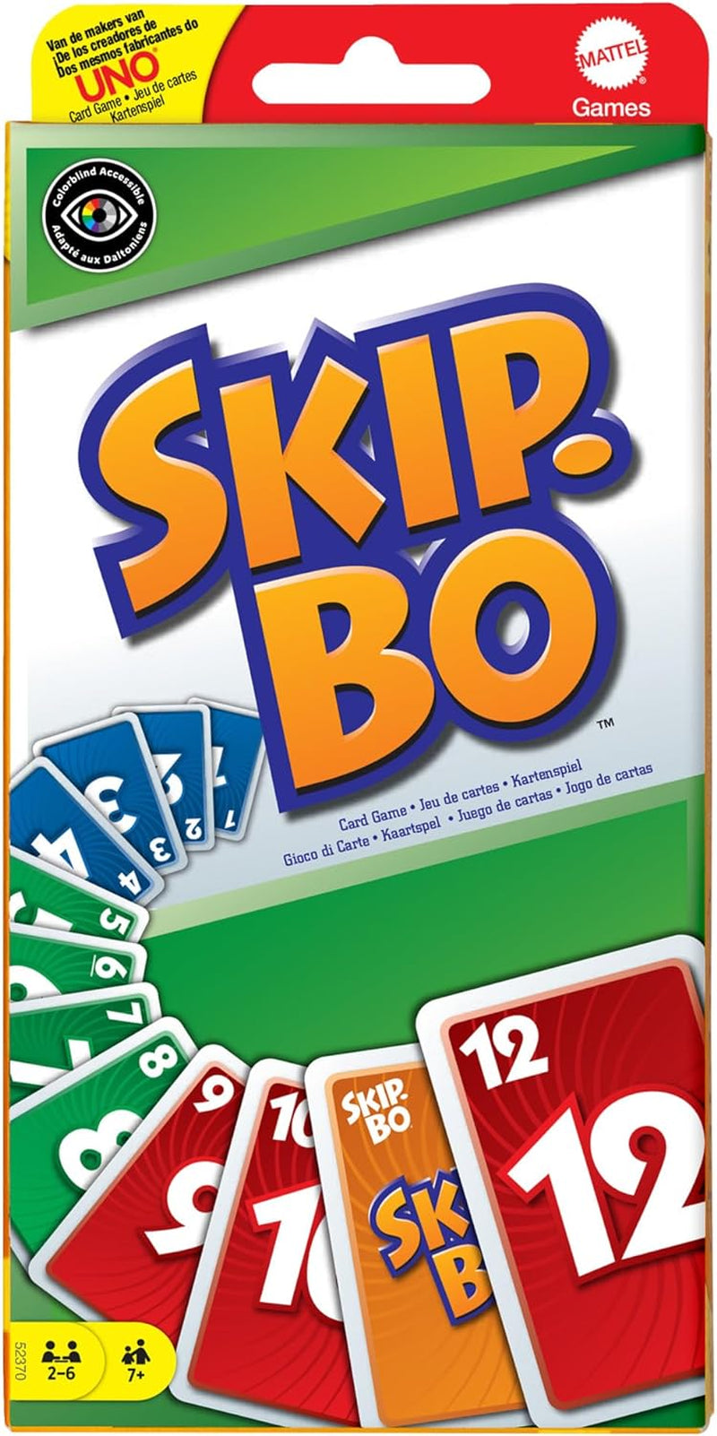 Mattel Games Skip-BO, rodinná karetní hra, perfektní jako dětská hra, cestovní hra nebo hra pro dospělé, desková hra, pro 2–6 hráčů, věk 7+, 52370