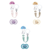 MAM | Suzetă și lanț pentru suzetă, 6+ luni, selecție aleatorie de culori, anatomică, simetrică, fabricată din silicon, lavabilă, lungime reglabilă, compatibilă cu toate tipurile de suzete