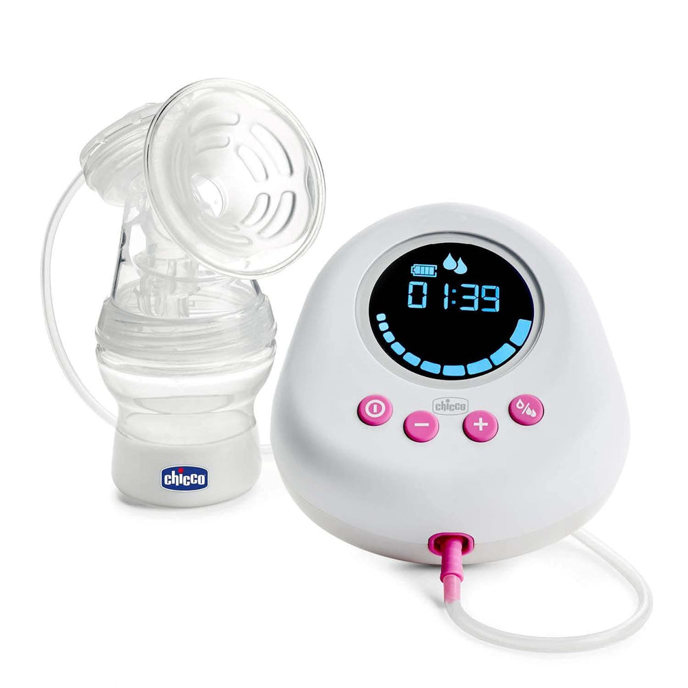 Pompă electrică pentru sân Chicco cu faze de stimulare și extracție, 10 niveluri de intensitate, confortabilă și rapidă, formă ergonomică, cu tetina înclinată și capac etanș, alb, 150 ml Accesorii Hrana si Alaptare Bebe Naty Shop