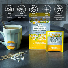 Ahmad Tea - Camomile & Lemongrass - Ceai de fructe și plante fără cofeină - Mușețel și lemongrass - Pliculețe de ceai ambalate individual, sigilate pentru păstrarea aromelor, cu 2 g de ceai per porție - 20 pliculețe de ceai cu bandă