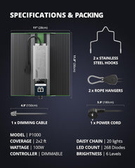 VIPARSPECTRA P1000 LED Grow Light Full Spectrum 2024 LED Grow Light 0%-100% Stmívatelné pro skleníky Pokojové rostliny Sazenice Zelenina Květiny Pěstovací stany 60x60cm a 80x80cm