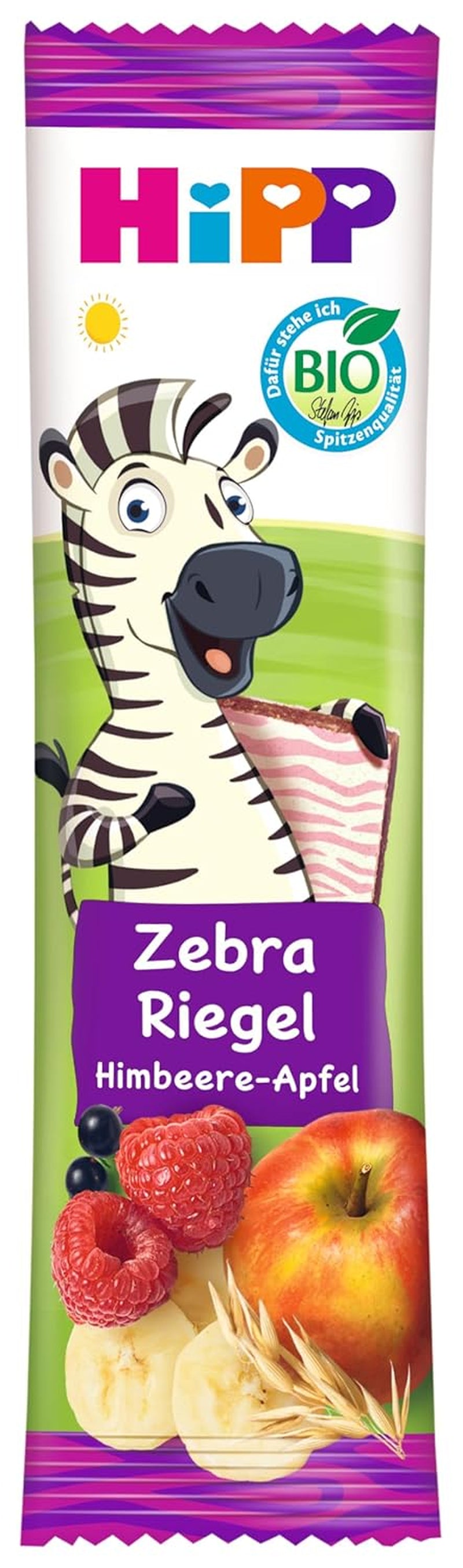 Tyčinky HiPP Zebra s příchutí malina a banán jablko (22 x 23g), od 1 roku, slazené pouze ovocem, v nejlepší bio kvalitě