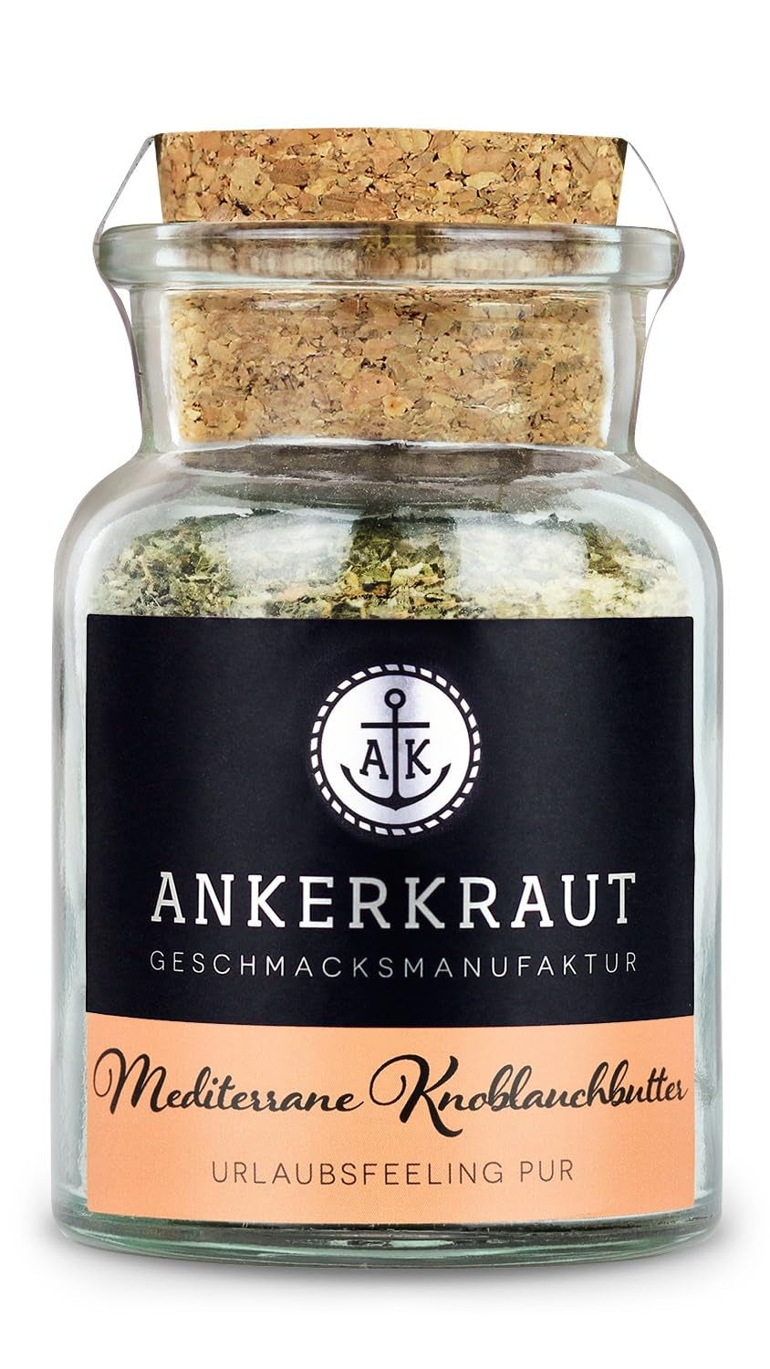 Ankerkraut Mediterranean Knoblauchbutter Gewürz, 85 g v korkovém skle, Zuckerfrei, Würzige Ingredient für Butter, Tip na dárek, Grill-Abend s přáteli a rodinou, Premium Qualität Ohne Gesmackverstärker
