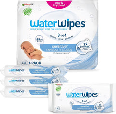 WaterWipes Sensitive+ vlhčené ubrousky pro novorozence a děti v počtu 240 (4 balení) 3 v 1 čištění, péče, ochrana, 99,9 % vody, bez parfemace