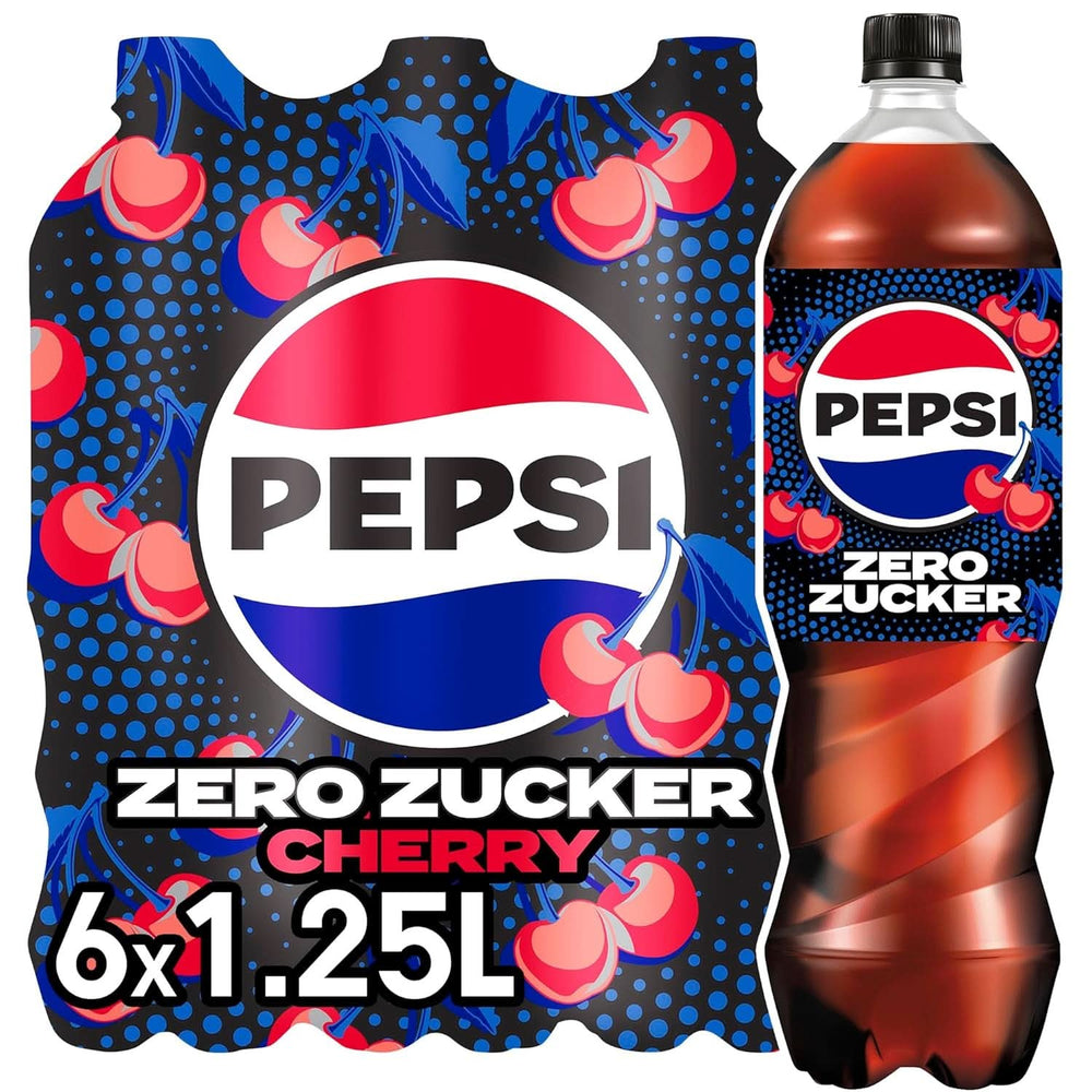 Pepsi Zero Cukr Třešeň Bez cukru Nealkoholický nápoj Třešňová příchuť Kofeinová cola v láhvi Sada 6 x 1,25 litru Naty Shop Nová verze
