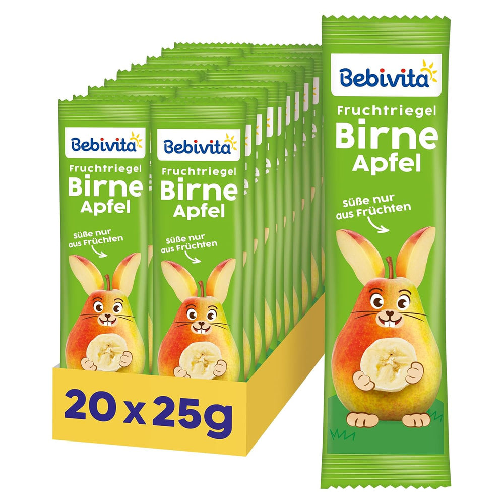 Hruškovo-jablečné ovocné tyčinky (20 x 25g), slazené pouze ovocem, perfektní svačina mezi jídly, připravované z přísně kontrolovaných a vybraných surovin.