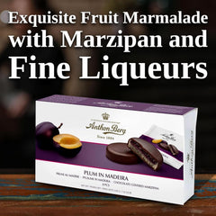 Prună în Madeira – 220 g – Specialitate de marțipan cu fructe și alcool – 8 monede de ciocolată neagră cu jeleu de prune și vin de Madeira – Idee de cadou