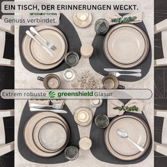 SÄNGER Luxor | Set de veselă din gresie, 18 piese, Set de farfurii pentru 6 persoane, Set de veselă (6 farfurii de cină, 6 boluri pentru cereale, 6 farfurii pentru desert), Veselă maro-bej rezistentă la zgârieturi | COLECȚIA VALUE