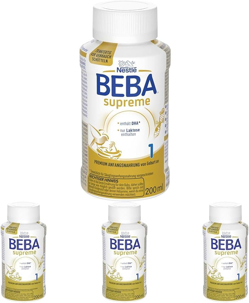 BEBA Nestlé BEBA SUPREME 1 Kojenecké mléko: lahvičky k pití s Omega 3, balení 4 ks (1 x 200 ml)