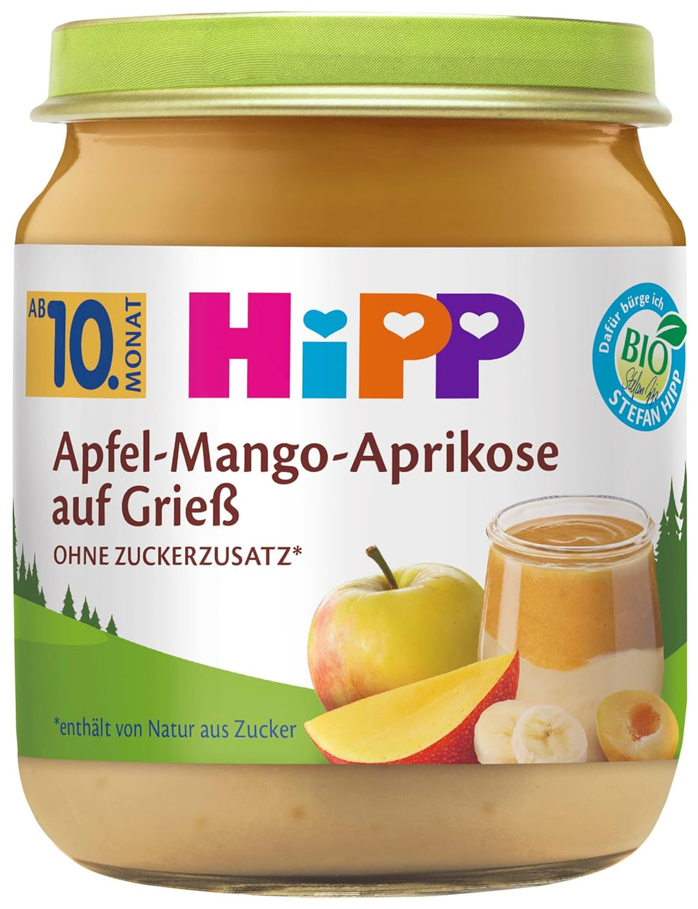 HiPP Bio jablko-mango-meruňka na krupici (6 x 200g), od 10 měsíců, bez přidaného cukru, v nejlepší bio kvalitě