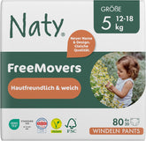 Dětské plenky Naty FreeMovers | Certifikované povlaky na plenky šetrné k pokožce | Jemný a bez parfemace | Absorpční a nepropustný | Dermatologicky testováno Velikost 5 (12–18 kg) | 80 kusů