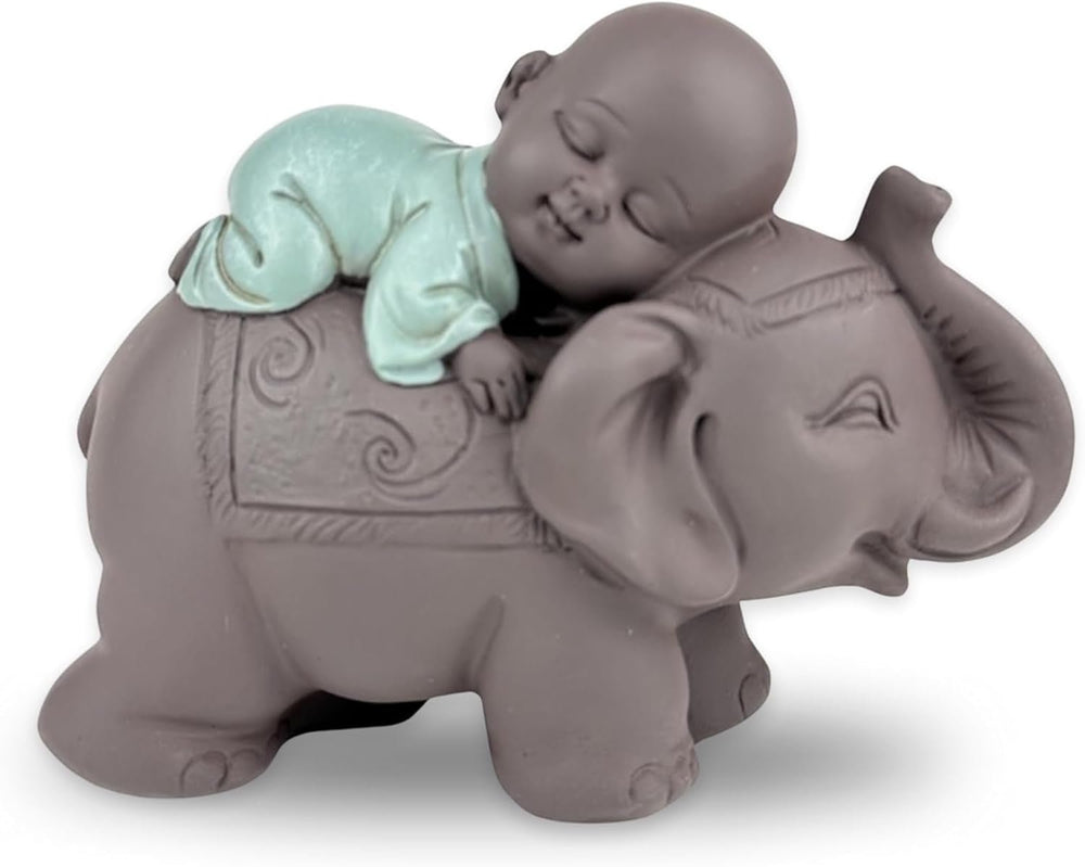 Zen'Light Statue Buddha Bonze Sleeping on Elephant - Atmosferă Zen în spațiul tău sacru - frumoasă figură de bun augur -H 9.5 cm, Brown & Green Statuete si sculpturi Naty Shop Titlu implicit