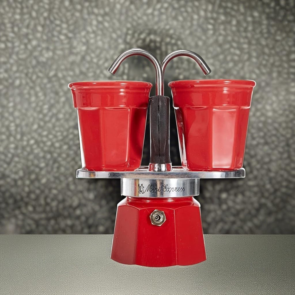Bialetti - Mini Express Kandisky: Set Moka include aparat de cafea pentru 2 cești (90ml) + 2 cești de espresso, roșu, aluminiu