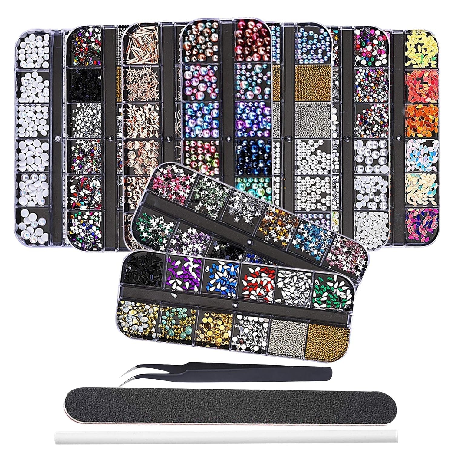 EBANKU Nail Art Strass Kit Multi Design Zubehör Mit 1 Pinzetten 1 Stück Wachsstifte Deko Diamanten Kristalle Perlen Edelsteine Bunt Pferdeaugen Strass Metall Nieten Für Nagel DIY (1 Stück (10Er Pack))