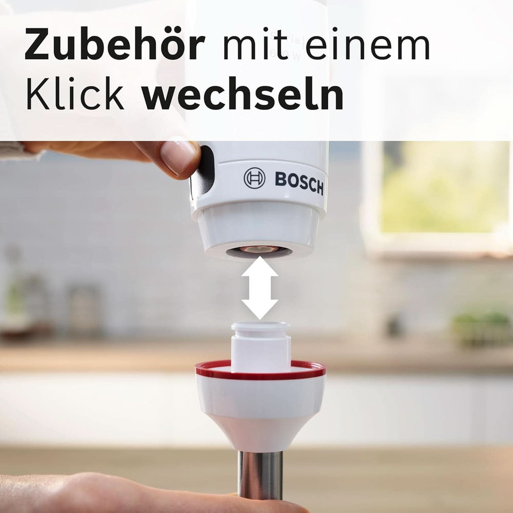 Bosch Stabmixer Ergomaster Serie 4 MSM4W210, Einhändig Bedienbar, Edelstahl-Klingen, Verschleißfreie Keramik-Kupplung, Mixbecher, Quattroblade, Antisplash Funktion, Einschaltsperre, 600 W, Weiß Mother and Child Naty Shop
