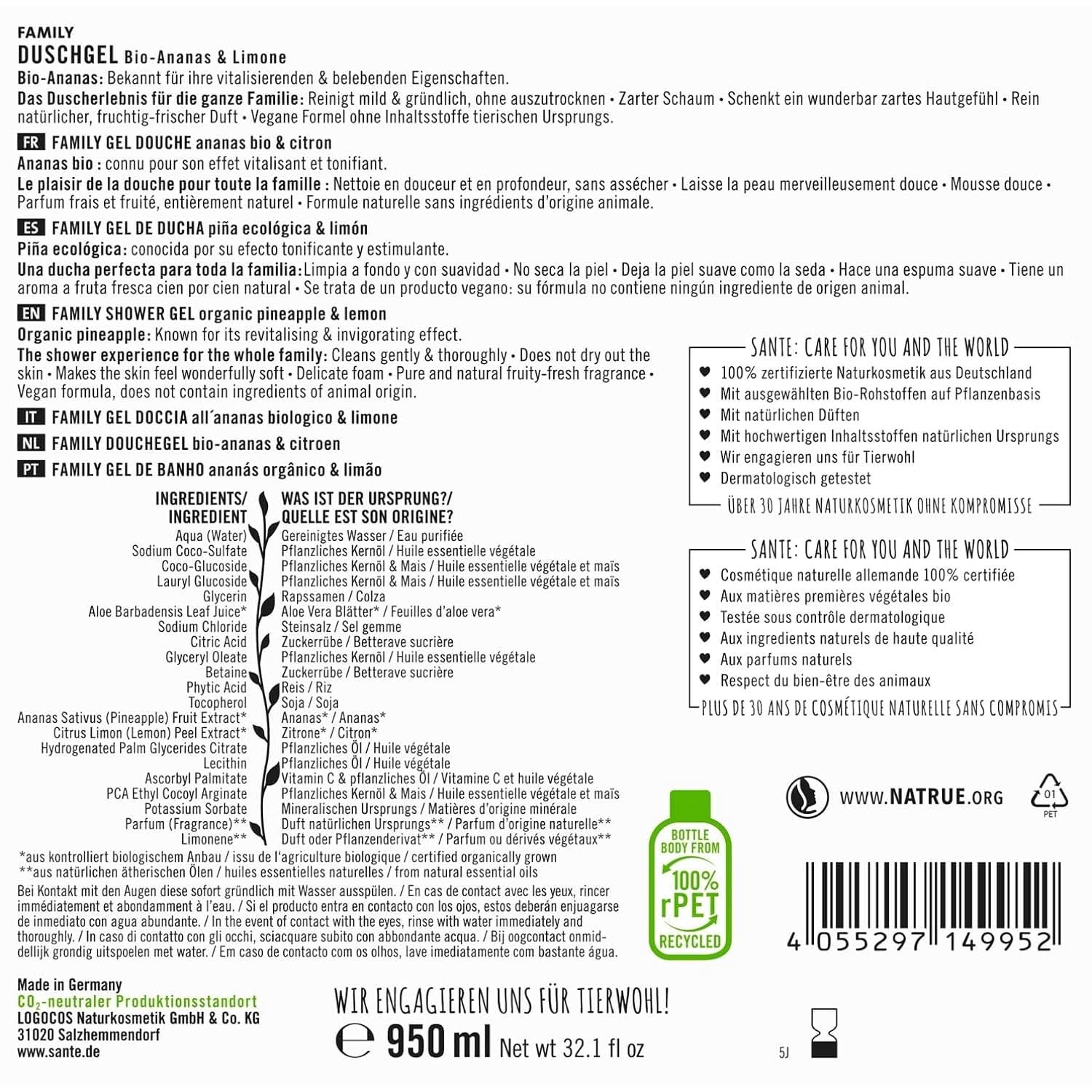 SANTE Natural Cosmetics Gel de duș răcoritor cu parfum de citrice, 950 ml Duș și baie Naty Shop