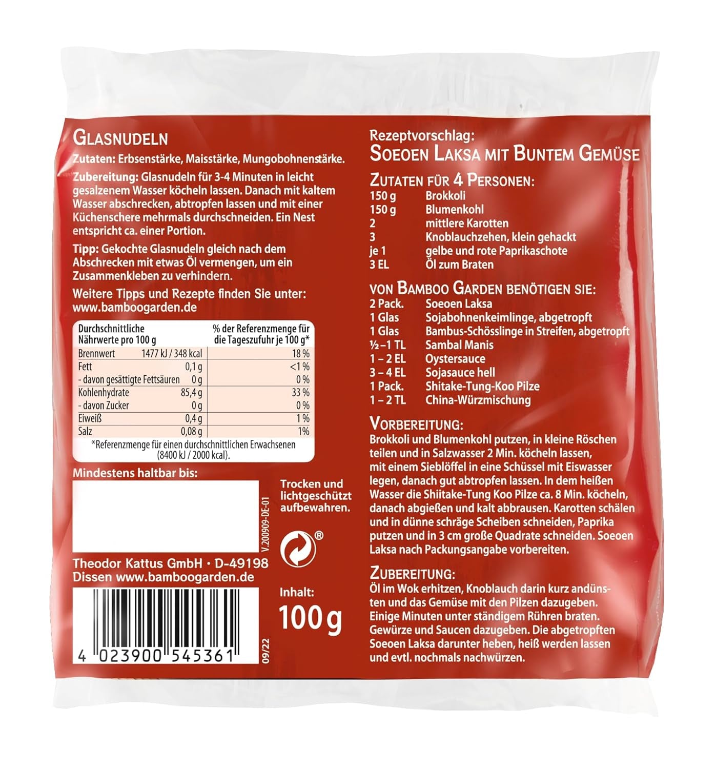 Skleněné nudle Bamboo Garden Soeoen Laksa, 100g