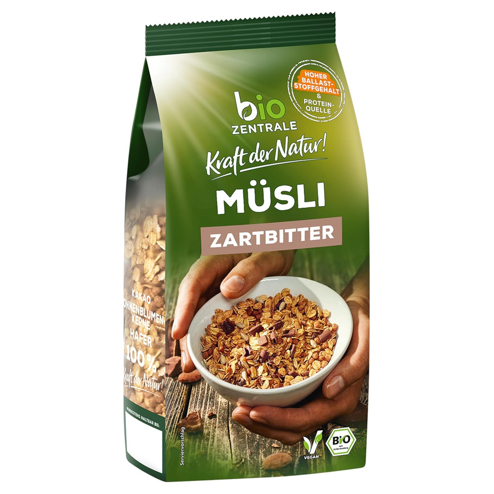 Biocentrální müsli s hořkou čokoládou | 500g Bio Vegan | Ideální na snídani a šálek müsli s sebou | Alternativa k müsli tyčinkám