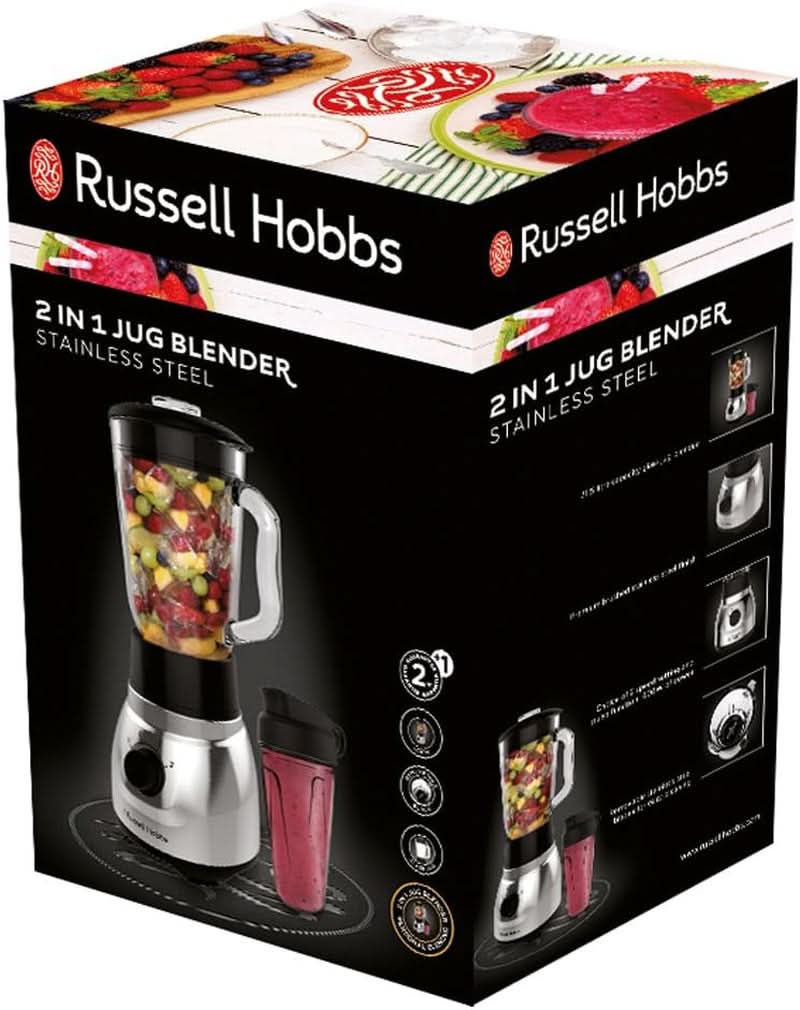 Russell Hobbs Standmixer 2-v-1 [1,5L Glasbehälter Mixer & 0,6L Mini Smoothie Maker -To-Go-Trinkflasche Inkl. Deckel] Spülmaschinenfest, Impuls-/Ice-Crush Funktion, Becher BPA Frei, Edelstahl 23821-56 Kitchen Naty Shop