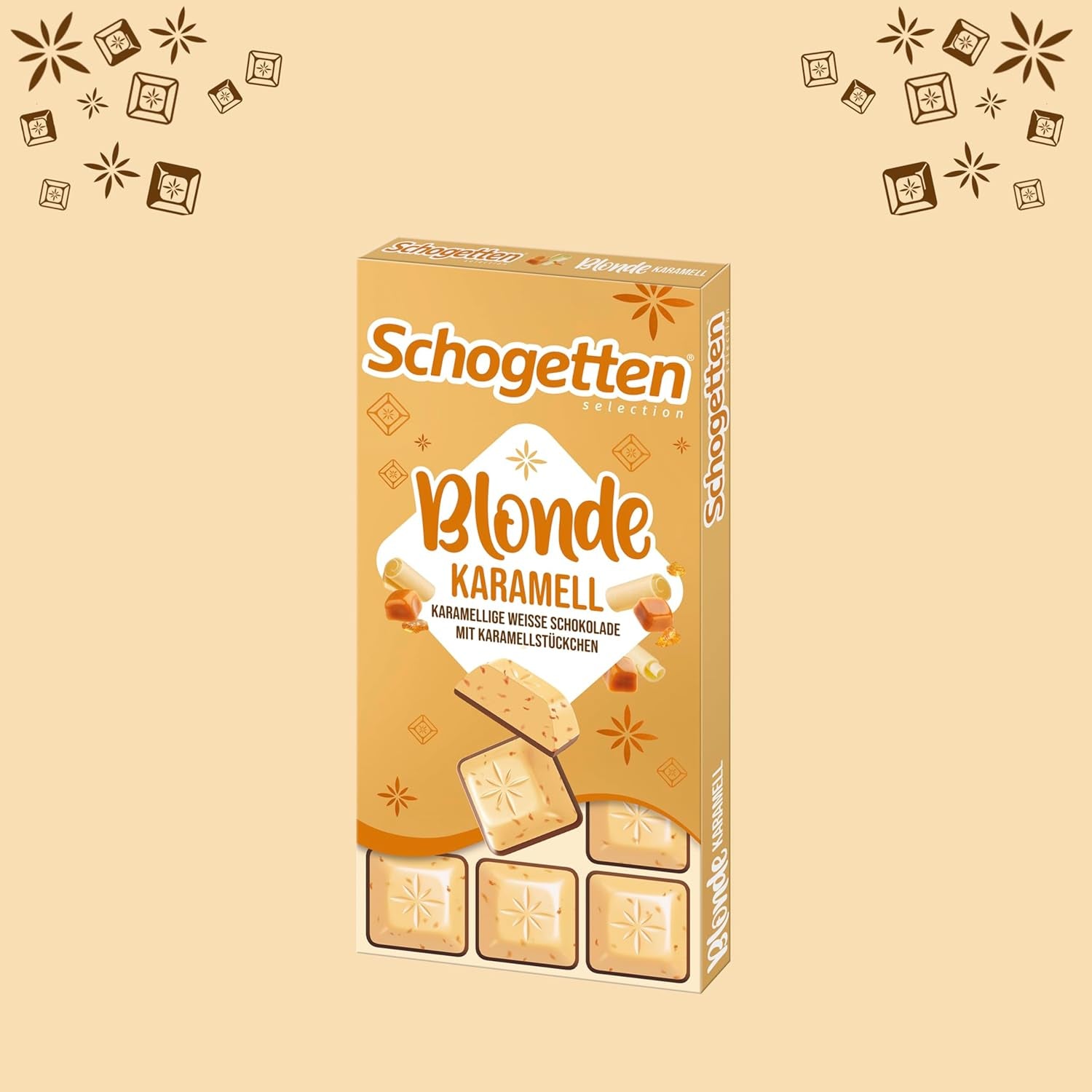Schogetten Blonde Caramel | Karamel s bílou čokoládou a kousky karamelu | Čokoládová tyčinka 100g | Pohodlně porcované