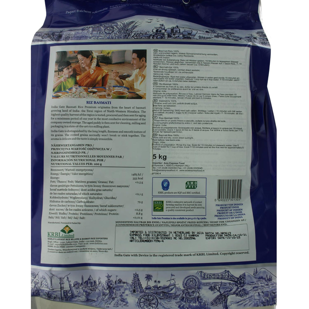 INDIA GATE Premium Basmati rýže – Jemná dlouhozrnná rýže, aromatická, z Indie, jemná dlouhozrnná (1 x 5 kg)