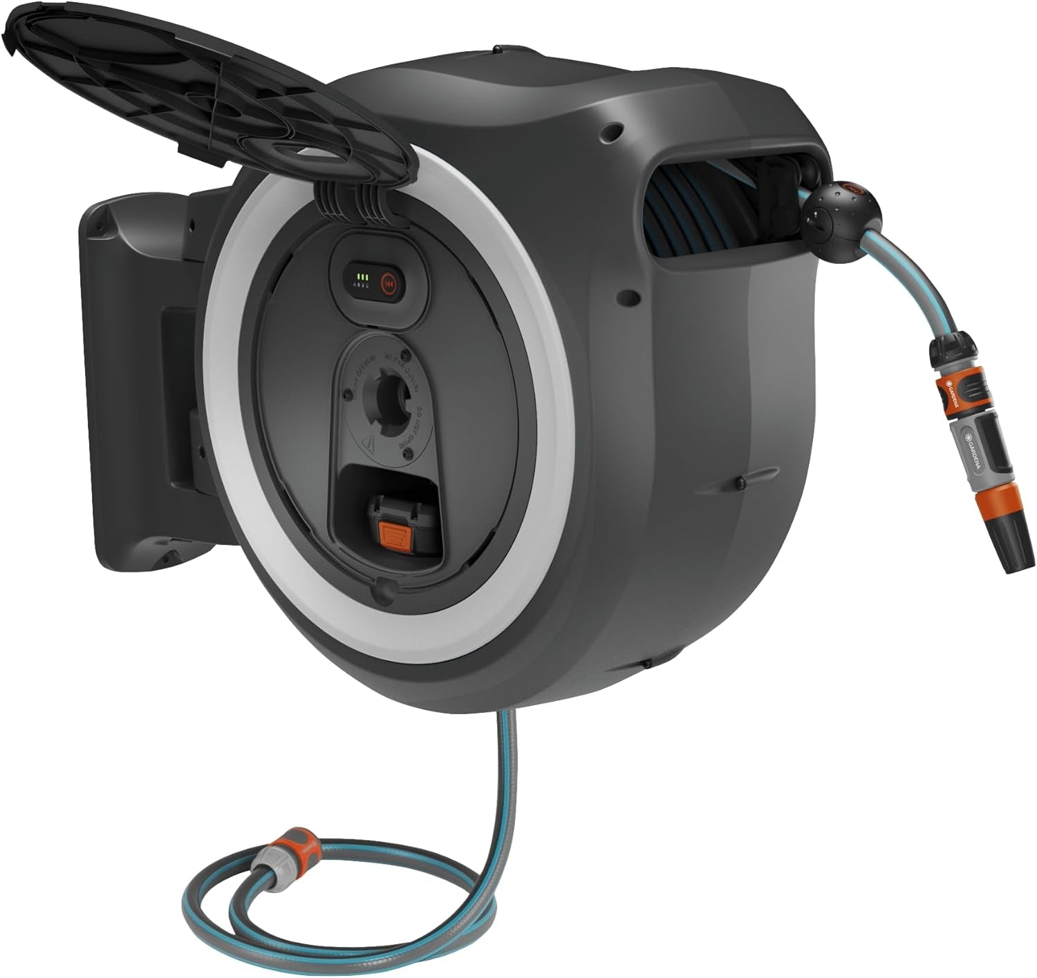 Cutie de furtun de perete fără fir Gardena PowerRoll XXL solo: Tambur automat pentru furtun cu furtun de grădină de 40 m, ghidaj pentru furtun și RollControl, alimentat cu baterii, rezistent la UV și îngheț (18647-55)