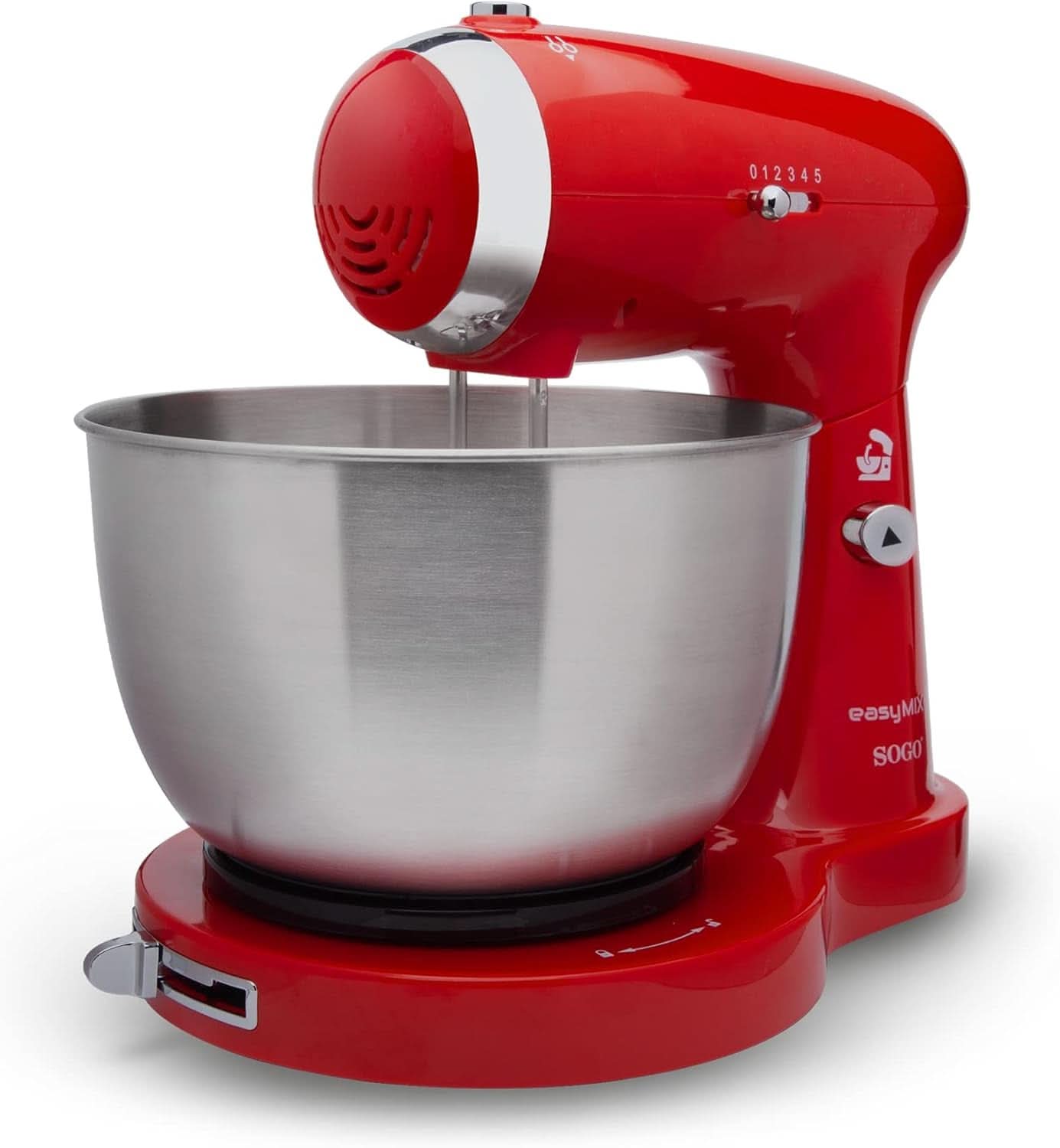 SS-14506 Küchenmaschine, Mixer Und Mixer 3-In-1 Mit Drehschüssel, Stäbchen Und Haken Zum Kneten Aus Edelstahl, 5 Geschwindigkeiten, 3,2 l (Rot) Mother and Child Naty Shop