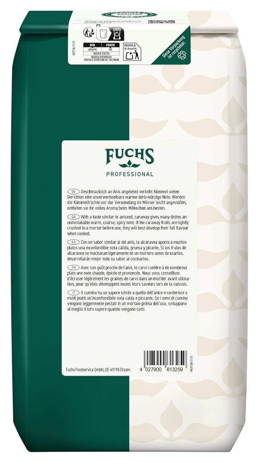 Fuchs Professional - Kümmel ganz | Ungemahlen, zum Würzen von Bratkartoffeln nebo Krautgerichten | Profi-Qualität für Großverbraucher und Gastronomie | 1 kg v recyklovatelném pytli