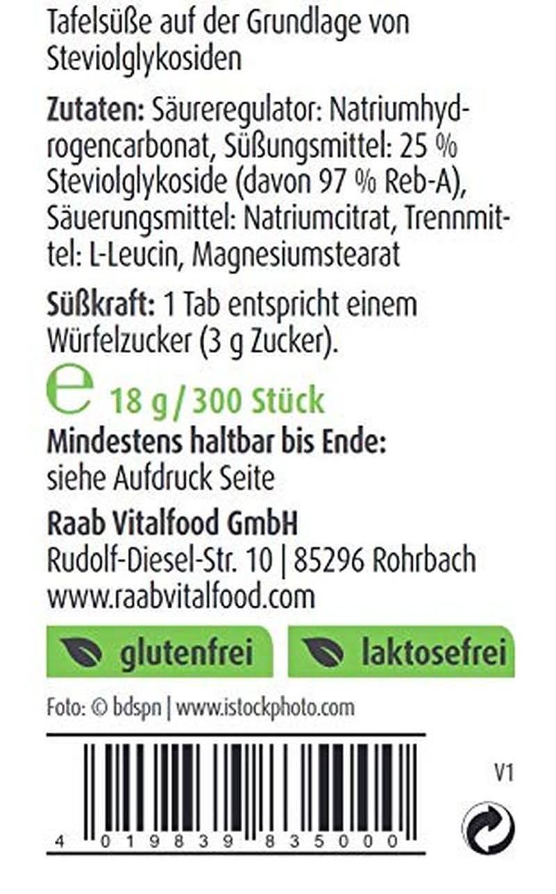 Raab Vitalfood Stevia Tabs, 300 tablet, 18 gramů Sladidla Naty Shop